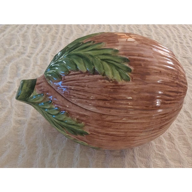 Chestnut "Set of 8 Vietri Italy Faux Bois Coconut Lidded Boxes, Fern Leaf, Palm Beach" For Sale - Image 8 of 11