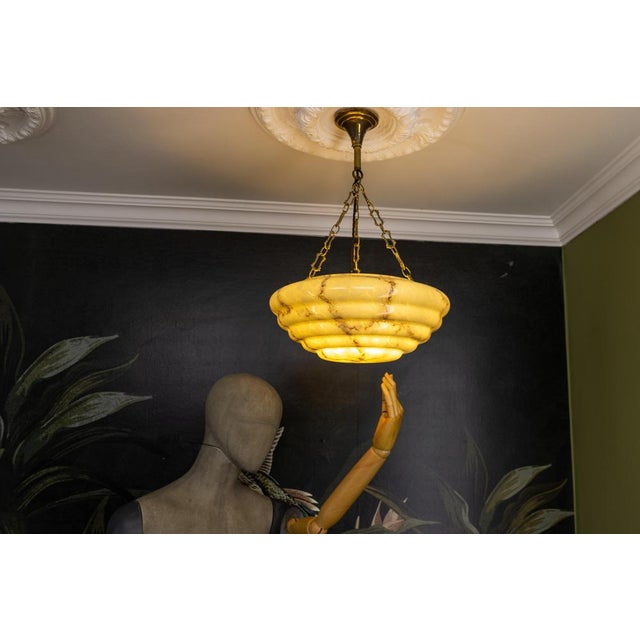 Art Deco Layered Marbled Yellowish Beige and Brown Glass and Brass Pendant Light, 1950s For Sale - Image 12 of 18