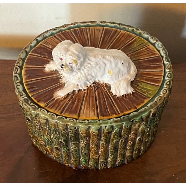 Victorian Antique 19th Century George Jones English Majolica Bamboo Faux Bois Oval Desk Box With White Dog Finial For Sale - Image 3 of 13