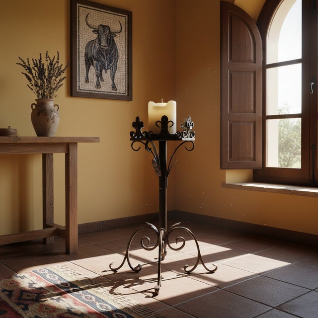 Hand Forged Iron Pedestal Stand 32″ (82cm) Antique Copper Patina Fleur-de-Lis Plant Holder & Pillar Candle Stick Rustic Decor For Sale - Image 6 of 10