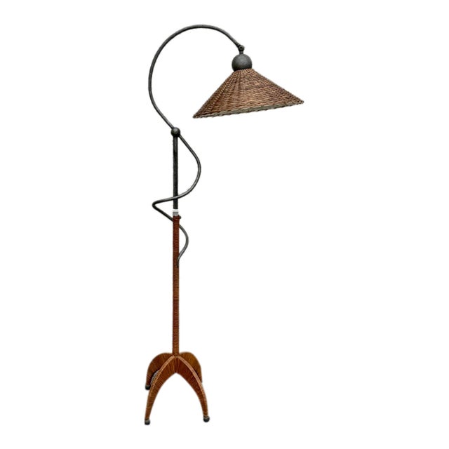 Vintage Wicker and Iron Floor Lamp With Sculptural Curved Arm For Sale