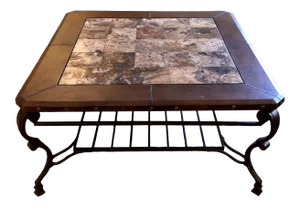Rustic Square Leather and Marble Topped Wrought Iron Coffee Table