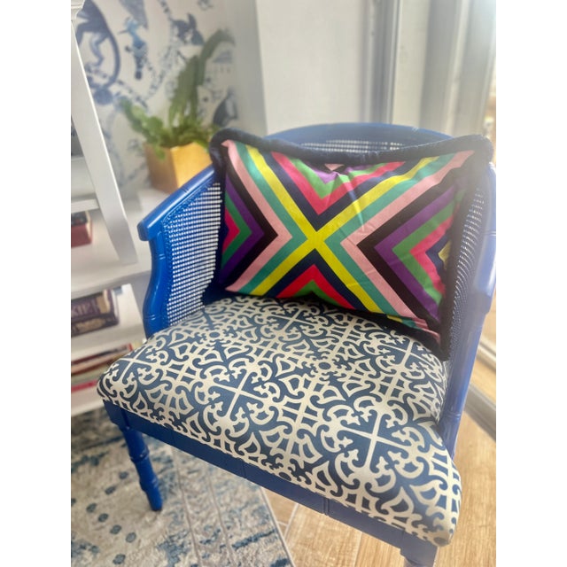 2010s Colorful Caribbean Multi Stripe Pillow Cover With Navy Brush Fringe For Sale - Image 5 of 5