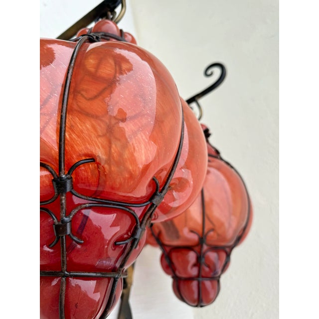 Metal Pair of Gorgeous Vintage Swirl Italian Murano-Style Caged Glass Lanterns in Coral/ Oranges: Caged Venetian Style For Sale - Image 7 of 10