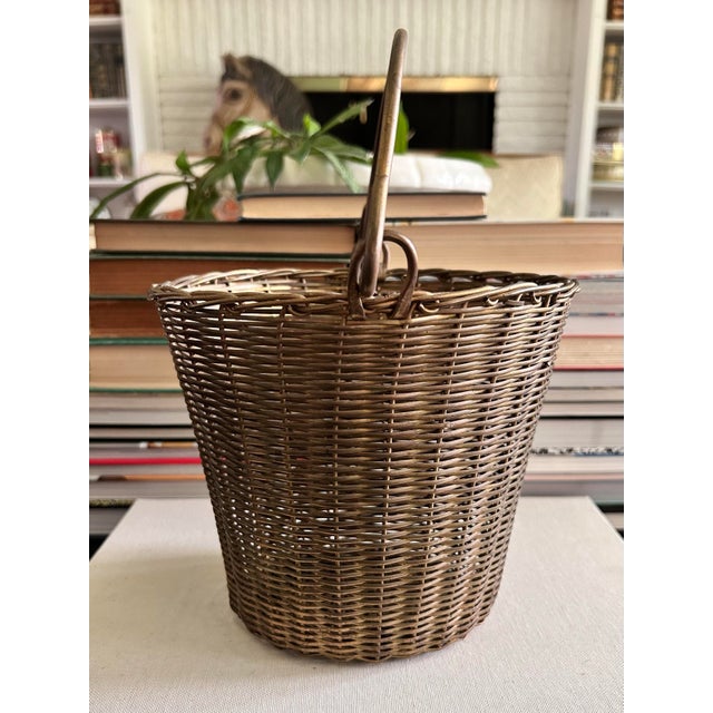 Vintage Solid Brass Woven Basket With Swing Handles For Sale - Image 4 of 12