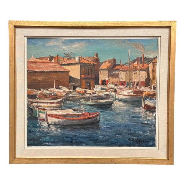 Ellis Wallin, Boats in the Harbor, 1950s, Oil on Canvas, Framed For Sale