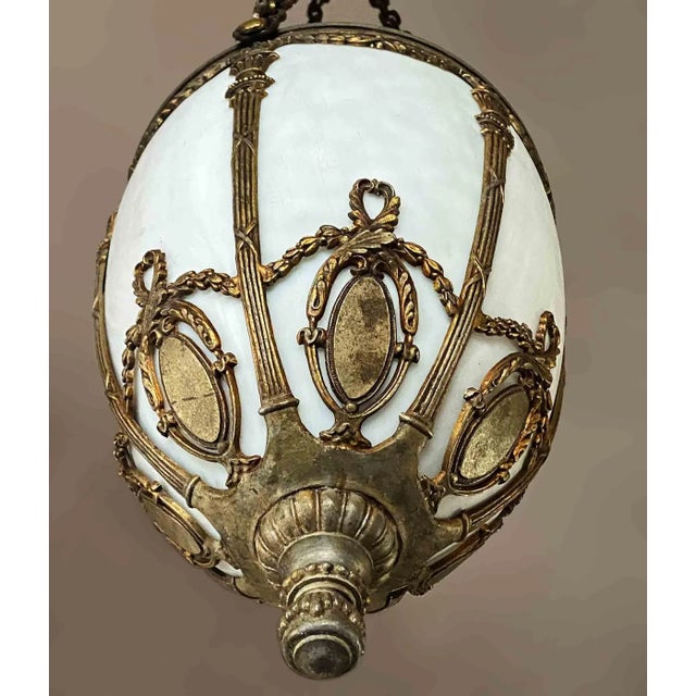 Renaissance Antique Pendant Light With Opalescent Shade For Sale - Image 3 of 4