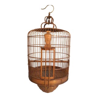 1960s Handmade Bamboo Wood Birdcage With Brass Hook For Sale