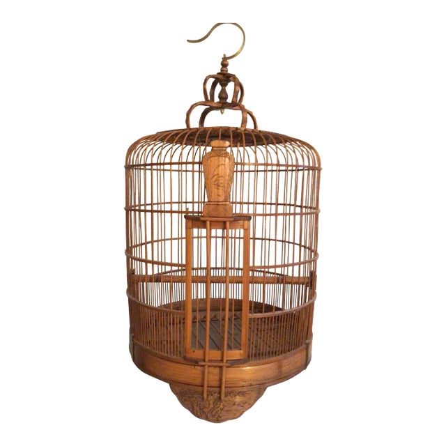 1960s Handmade Bamboo Wood Birdcage With Brass Hook For Sale