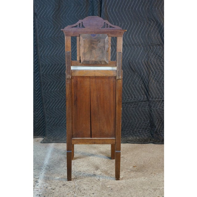 Antique Edwardian Walnut Neoclassical Inlaid Washstand Cabinet With Marble Top & Mirror For Sale - Image 16 of 18