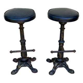 Early 1900s Antique Heavy Cast Iron Bar Stools Barley Twist- A Pair For Sale
