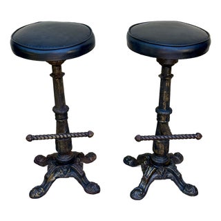 Early 1900s Vintage Heavy Cast Iron Bar Stools Barley Twist- A Pair For Sale