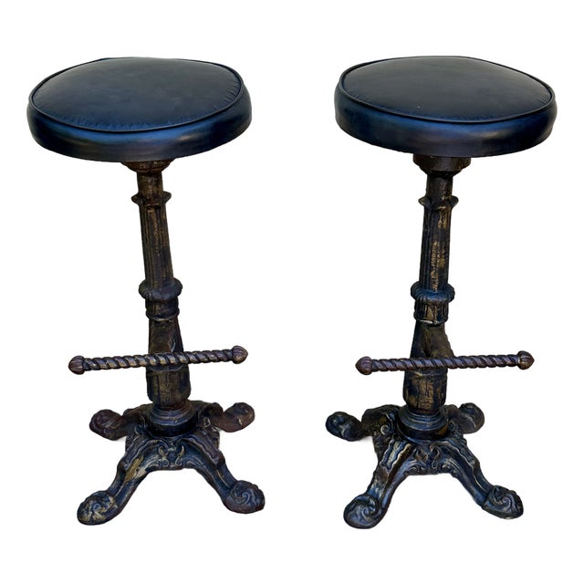 Early 1900s Vintage Heavy Cast Iron Bar Stools Barley Twist- A Pair For Sale