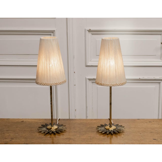Metal Brass Sunburst Table or Mantelpiece Lamps with Linen Shades, Set of 2 For Sale - Image 7 of 7