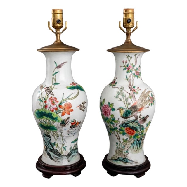 Chinese Famille Rose Porcelain Vase Lamps, Pair For Sale