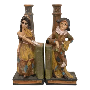 Vintage Ceramic Borghini LaCrima Christi Harlequin Ceramic Wine Decanter Bookends or Candlesticks - Pair