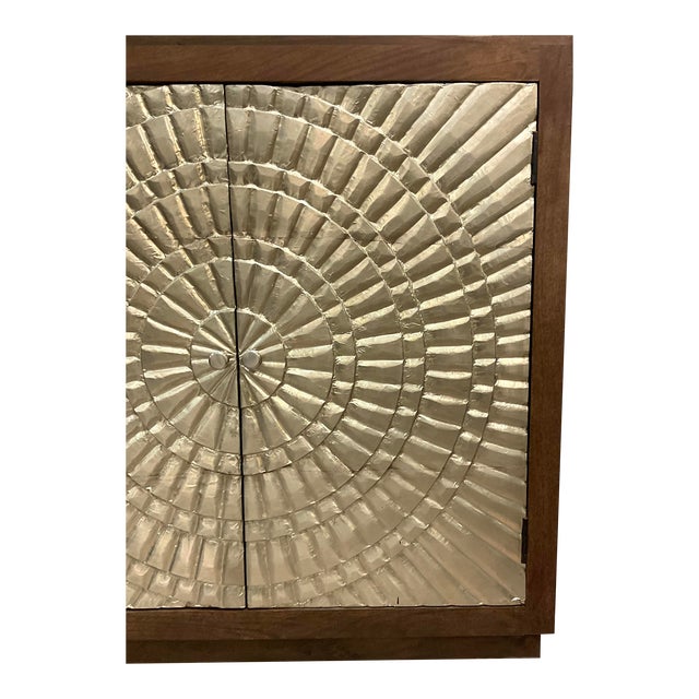 Stylish Modern Geometric Silver Foil Credenza, warm wood frame, two shelves, showroom floor sample