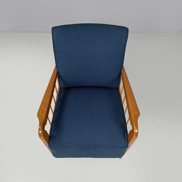 Wood Set of Italian Art Deco Wooden Armchairs in Blue Fabric, 1940s For Sale - Image 7 of 18