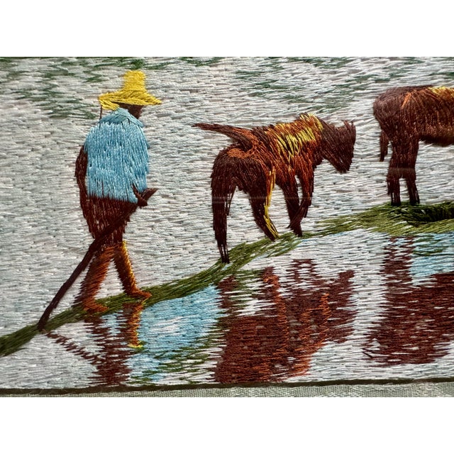 Chinese Vintage Vietnamese Silk Hand Embroidery, River Landscape With Water Buffalo & Farmer, Framed For Sale - Image 3 of 8