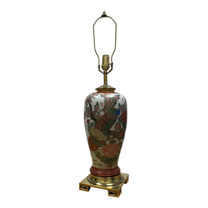 Mid 20th Century Attributed to Marbro Lamp Co., Mid-Century Japanese Satsuma Porcelain Peacock Lamp on Gilt Brass Base, Stamped “368 5”
