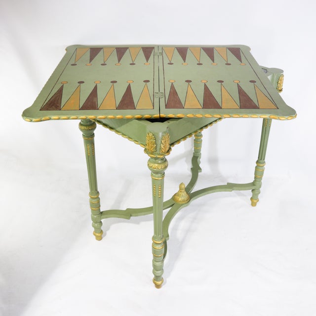 Traditional Vintage Neoclassical Green and Gilt Accent Game Table With Reversible Chess/Backgammon Top For Sale - Image 3 of 16