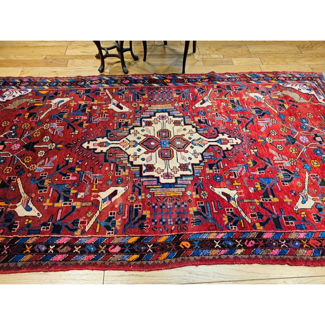 Textile Vintage Hamadan Gallery Area Rug, Hand-Knotted Wool, Tribal Bird Pattern, 6x10, Red & Navy For Sale - Image 7 of 18