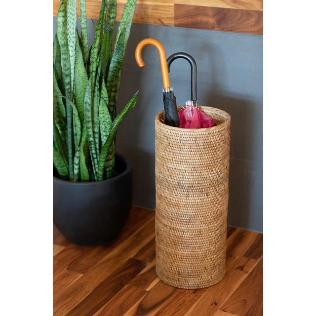 Boho Chic Artifacts Rattan Round Umbrella Basket in Honey Brown For Sale - Image 3 of 7
