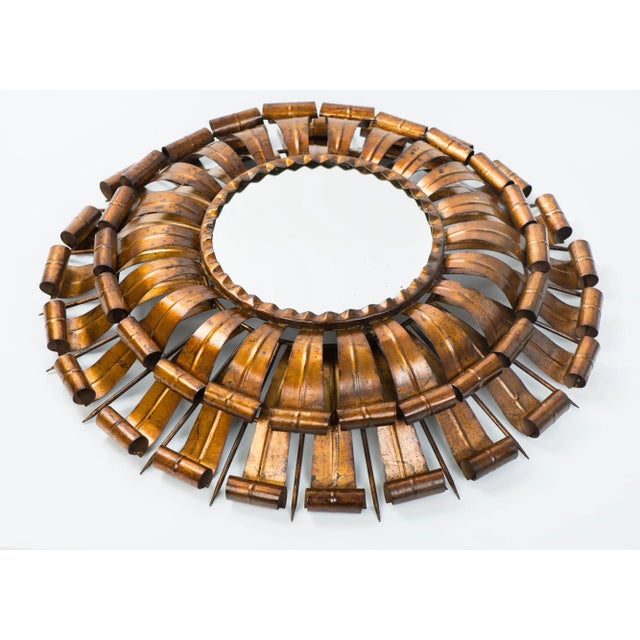 Brutalist 1950s Large Round Gilt Metal Sunburst Mirror With Leafed Frame and Backlight For Sale - Image 3 of 13
