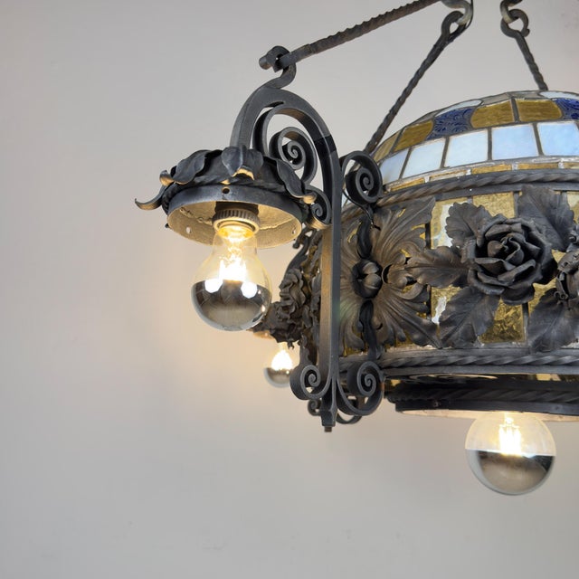 Art Nouveau Revival Wrought Iron Chandelier with Floral Stained Glass, Italy, 1950s For Sale - Image 14 of 18