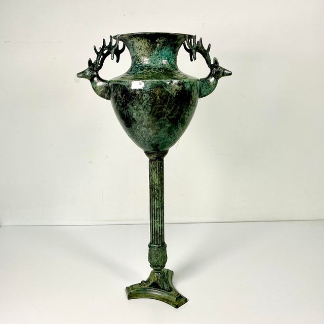 1970s Vintage Neoclassical English Stag Head Faux Verdigris Green Tole Pedestal Urn Vase. For Sale - Image 15 of 15