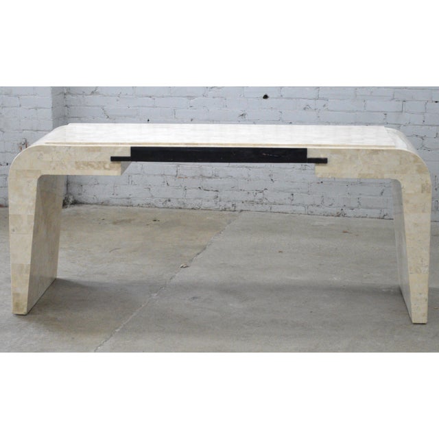 Maitland Smith Style Two Tone Tessellated Stone w/Brass Inlay Waterfall Floating Console Table Writing Desk, center area...