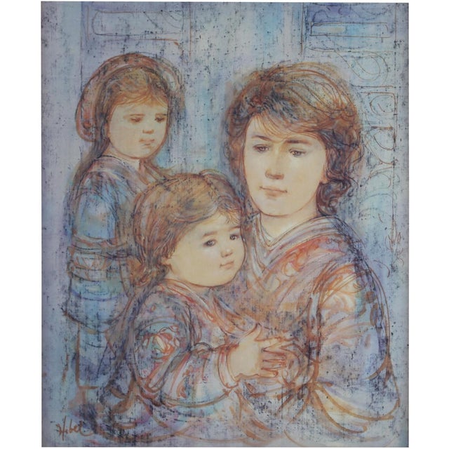 Signed in plate, mother & children portrait, gold gilt frame, blue/sienna palette THE ARTIST: Edna Hibel Plotkin (January...
