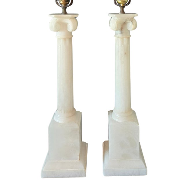 Hollywood Regency Mid 19th Century Hand Carved Italian Alabaster Neoclassical Column Table Lamps - a Pair For Sale - Image 3 of 18