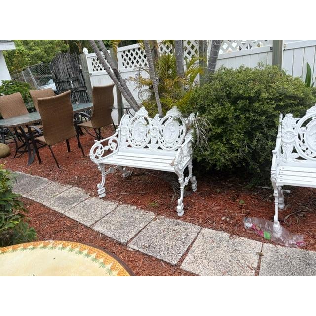 Pair of White Antique Style Cast Iron Figural Seasons Garden Bench For Sale In West Palm - Image 6 of 9