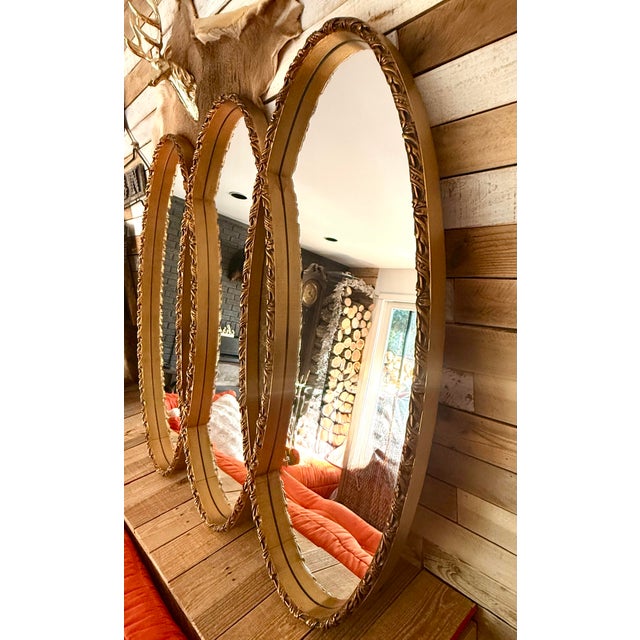 Hollywood Regency Vintage Hollywood Regency Triple Oval Gilt Mirror With Mercury Glass, Dated 1965 For Sale - Image 3 of 12