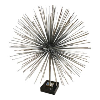Global Views Metal Starburst Urchin Tabletop Sculpture Marble Base Plinth Brutalist Metal Industrial Sputnik For Sale