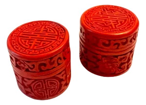 Pair of Red Asian Cinnabar Boxes with Lid and Blue Lacquer Interior