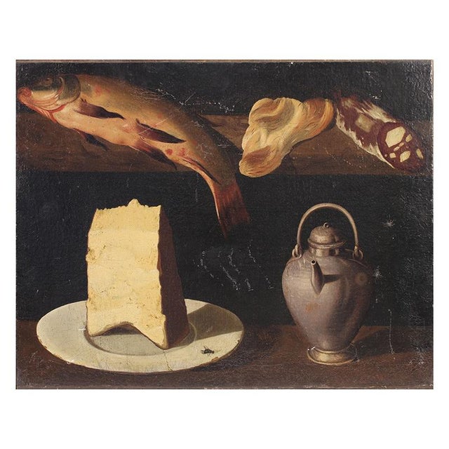 Still Life with Fish, Cheese, and a Teapot, Oil on Canvas, 1800s For Sale - Image 7 of 7