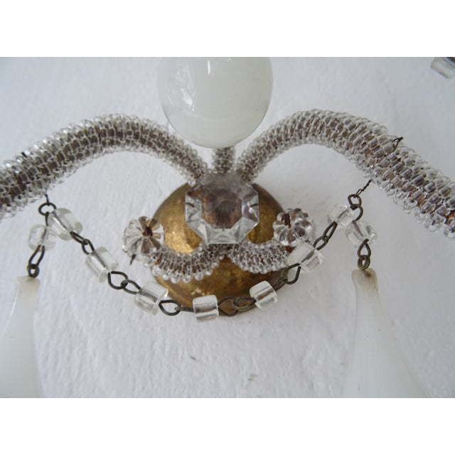 White 1900 French White Opaline Murano Drops Micro Beaded Crystal Sconces 3 Lights For Sale - Image 8 of 12