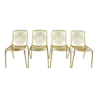 Cb2 Alpha Brass Modern Gold Woven Metal Dining Side Chairs - Set of 4 For Sale
