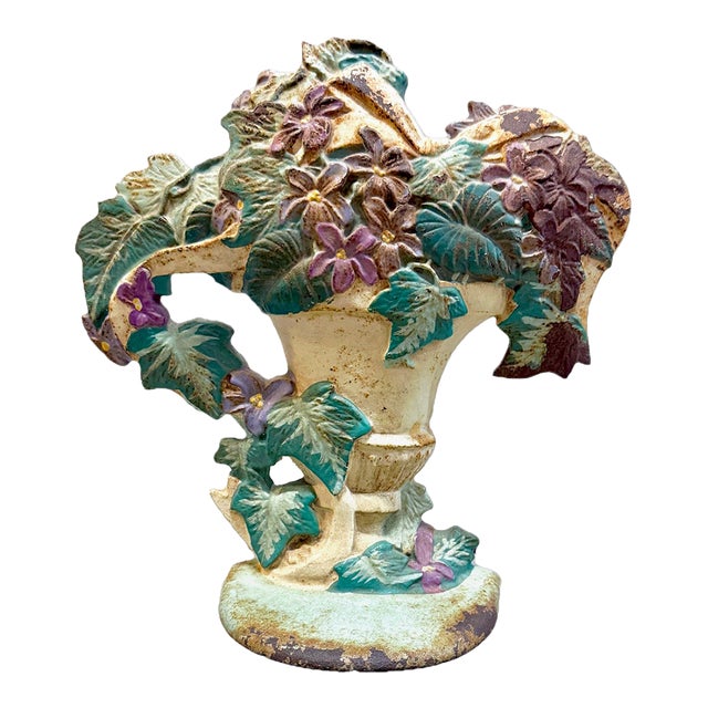 Vintage Iron Floral Urn Doorstop For Sale