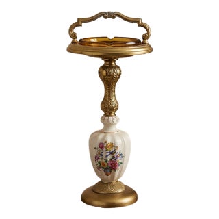Vintage Hollywood Regency Floral Porcelain & Brass Floor Ashtray Stand For Sale