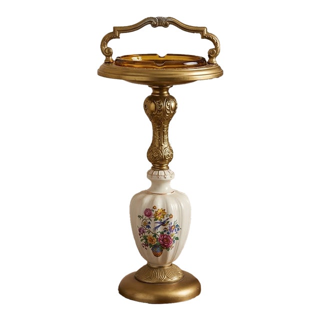 Vintage Hollywood Regency Floral Porcelain & Brass Floor Ashtray Stand For Sale