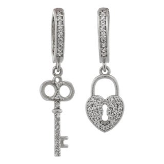 My Heart Is Yours Key & Heart Lock Silver Diamond Earrings, A Pair For Sale