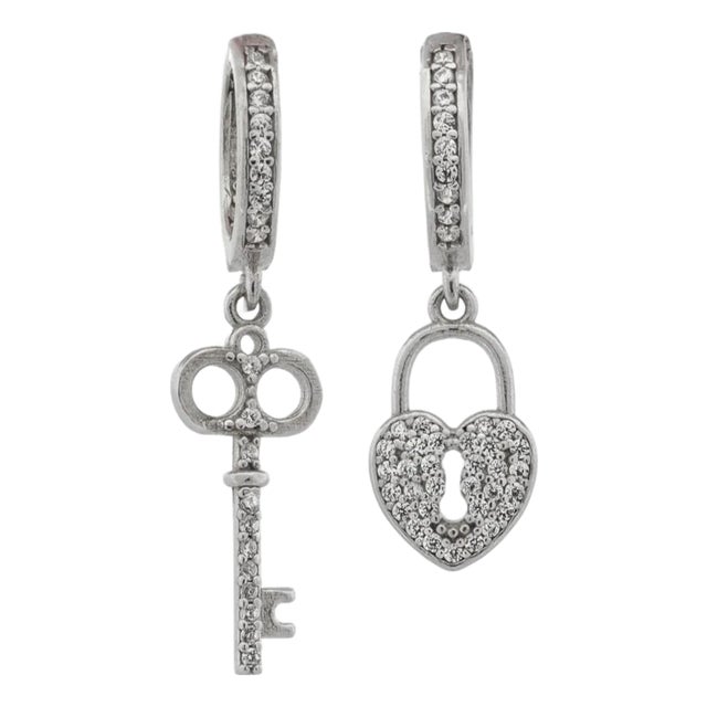 My Heart Is Yours Key & Heart Lock Silver Diamond Earrings, A Pair For Sale