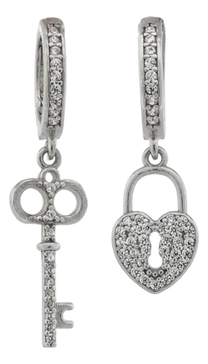 My Heart Is Yours Key & Heart Lock Silver Diamond Earrings, A Pair