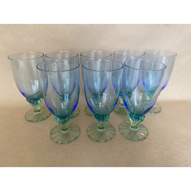 Vintage Italian Bormioli Rocco Bahia Blue & Green Goblets. Service for 8 - 24 Pieces + 1 (Water, Iced Tea, Champagne/Sherbet - 25 pcs For Sale - Image 4 of 14