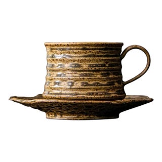 Vintage Distressed Ceramic Cup & Saucer Set For Sale