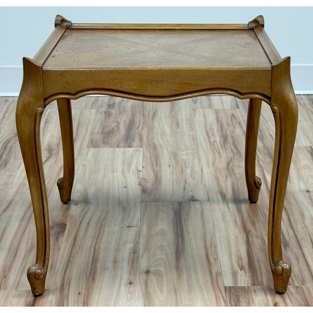 French Provincial Vintage French Provincial Side Table With Burlwood Inlay For Sale - Image 3 of 9