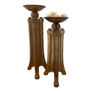 Pair of Mid-Century Modern Amber Acrylic Bamboo & Copper Candle Holders For Sale